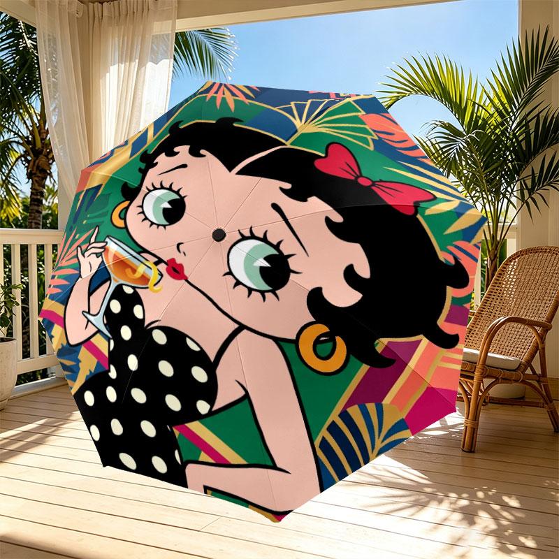 Betty Boop Print Automatic Open Close Umbrella, Portable Foldable Umbrella, for Outdoor Commute Camping Trip, Ideal Birthday Gift