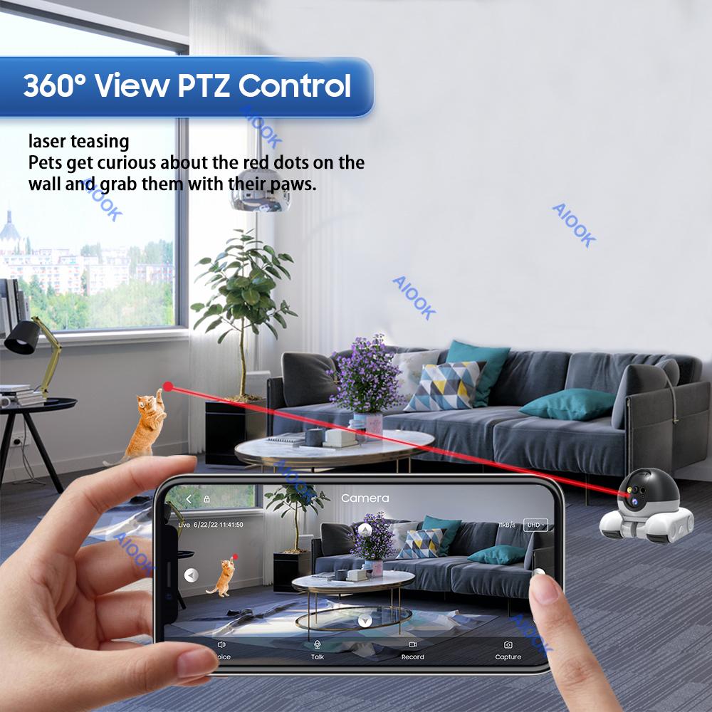 AIOOK With Laser Pointer Pet Camera Dual Lens HD 8MP 4k Wifi Mobile Camera Two Way Intercom Pet Tracking Night Vision Cctv