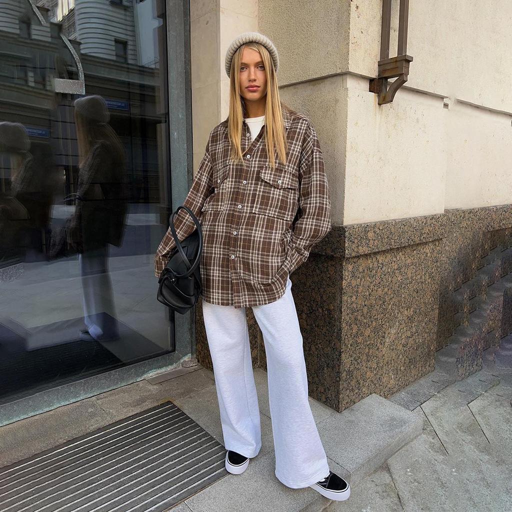 Frauen Frühling Herbst Temperament Plaid Anzug Kragen Langarm Hemd Blusen