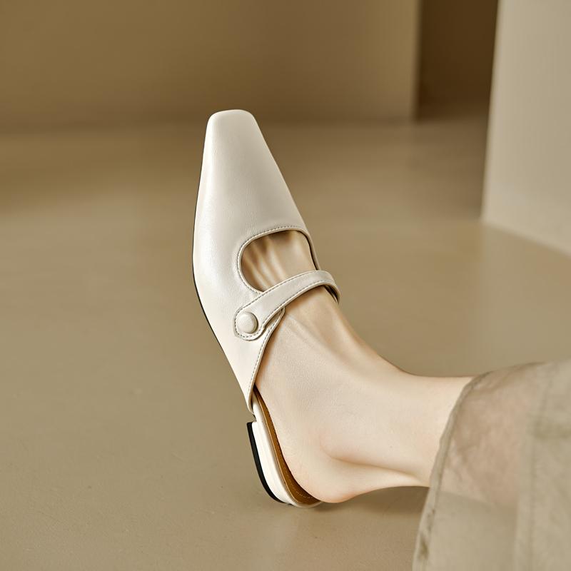Fashion 2025 New Summer Women Mules Genuine Leather Women Shoes Square Toe Chunky Heel Shoes Cover Toe Slingback Sandals Slippers