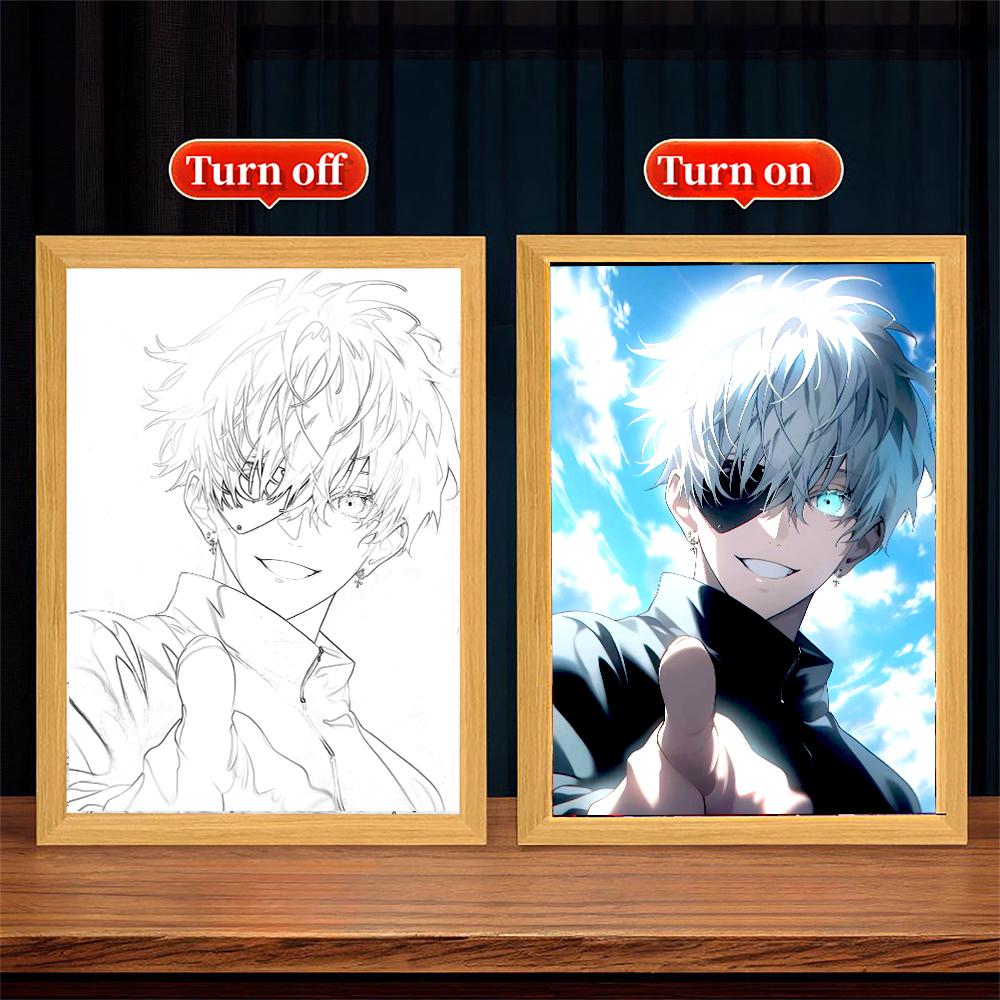 Anime Figure Jujutsu Kaisen Light Painting Photo Frame Action Figures Satoru Gojo Led Night Light Bedroom Decor Gifts Moon Lamp