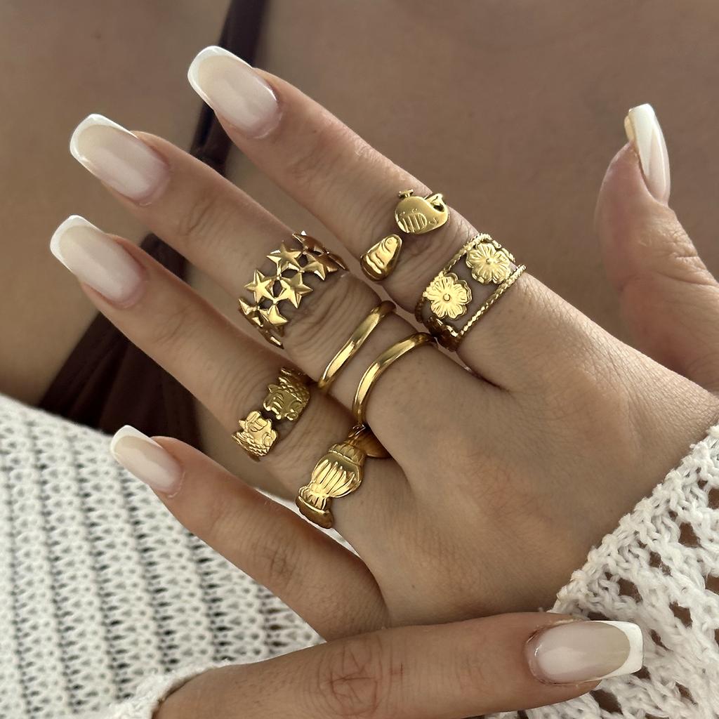 Vintage Gold Color Starfish Shell Rings for Women Stainless Steel Ocean Series Flower Stars Whale Adjustable Finger Ring Jewelry