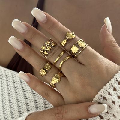 Stainless Steel Gold Color Starfish Shell Opening Rings For Women Men Vintage Geometric Metal Texture Finger Ring Party Jewelry