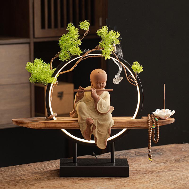 

Zen Little Monk Ceramic Ornament with Light Ring for Home and Office Decor
