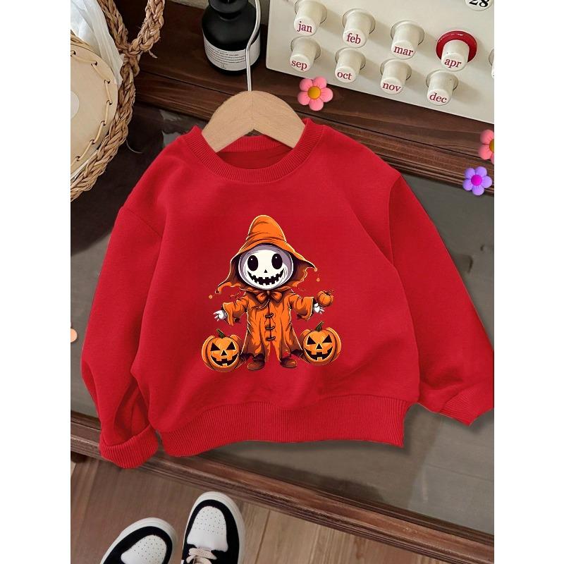 Kids Crewneck Sweatshirt, Halloween Cute Pumpkin Figure Print, Casual Tops for Fall & Winter