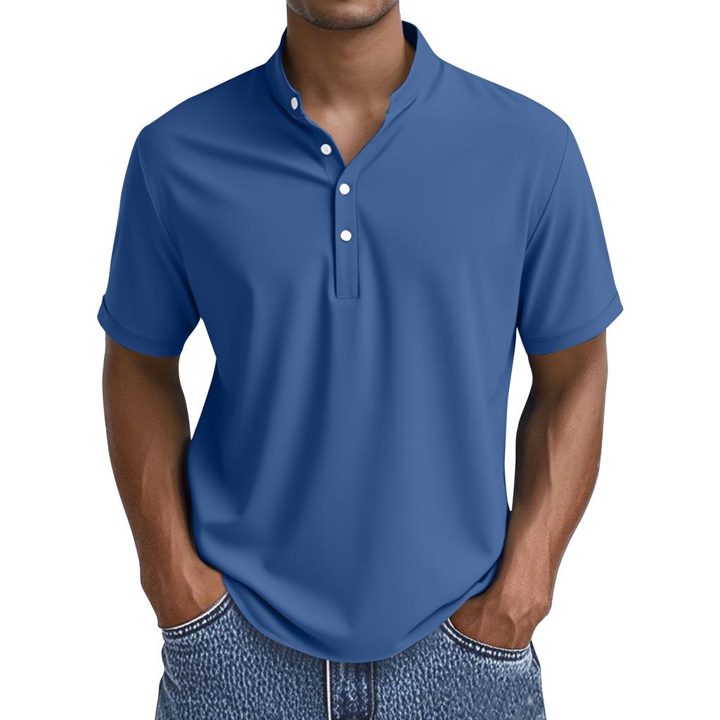 Men's Summer Solid Color Button Collar Short Sleeve Tops Men's Casual Loose Fashion Tops