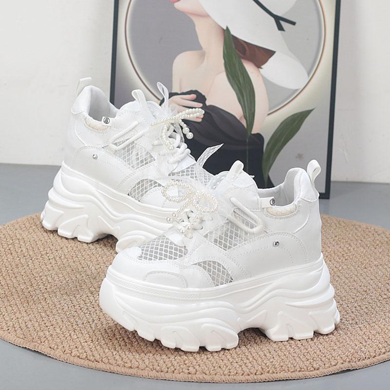 Fashion 11CM  Air Mesh Microfiber Leather High Brand Comfy Chunky Sneaker Lace Up Shoes Sandals Women Platform Wedge Fashion Summer