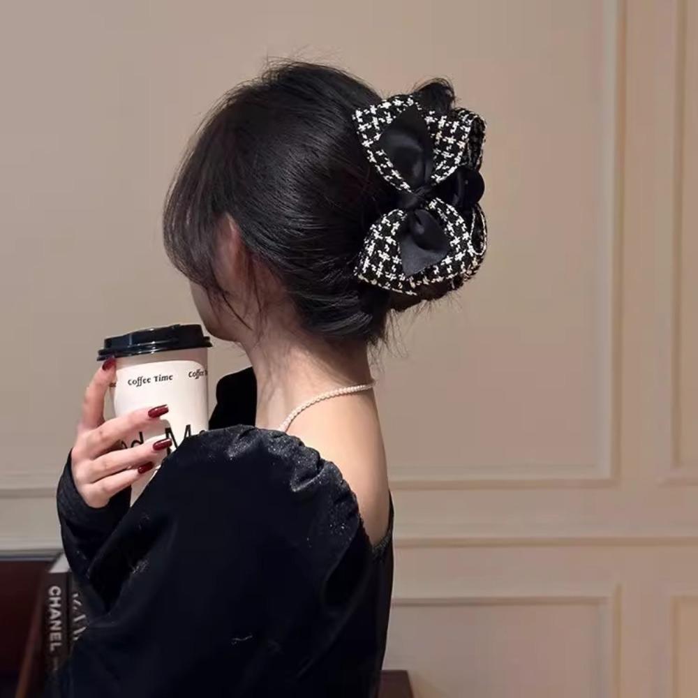 1pc Xiaoxiangfeng Qianniao Grid Large Grab Clip Bow Shaped Hair Clip High-end Feeling Light Luxury Style Back Of The Head