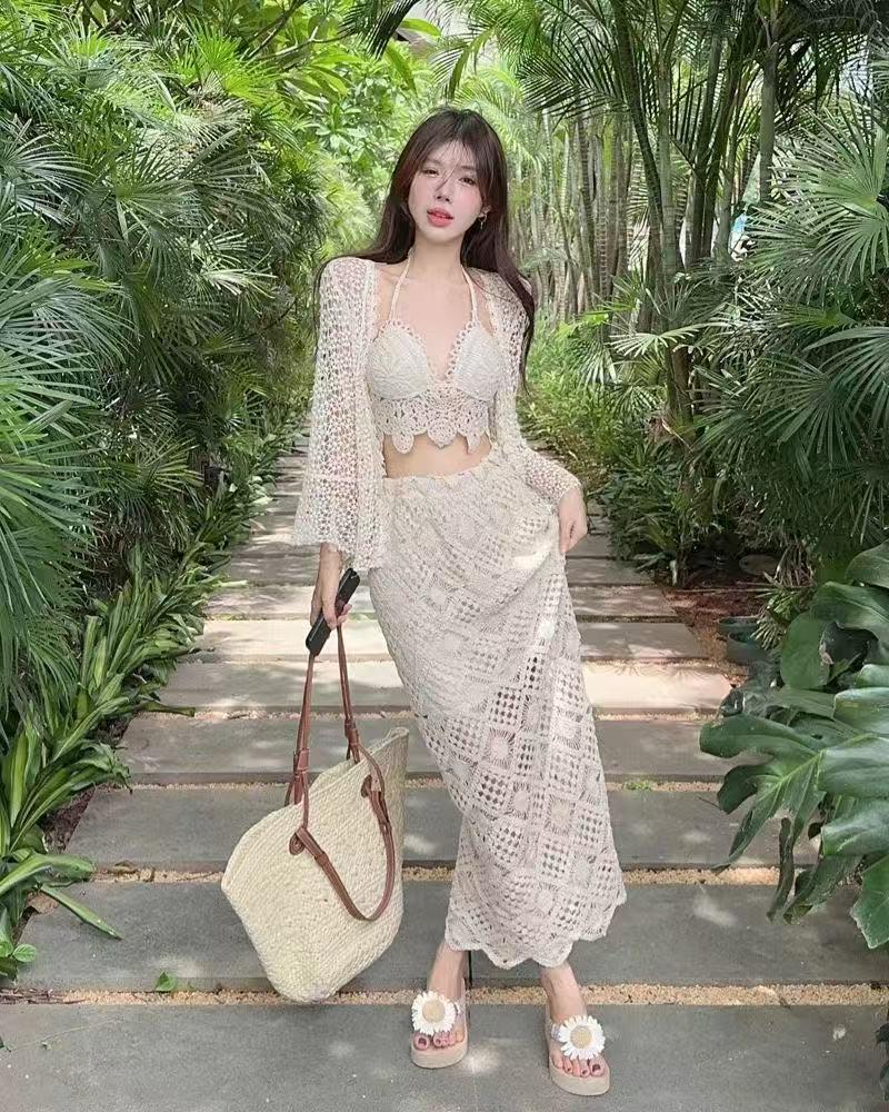 Bohemian Crochet High-Waist Hip-Hugging Midi Skirt for Women