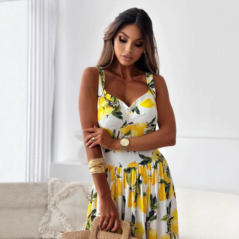 Summer's New Women's Printed Cinched Waist Halter Dress with A Large Skirt