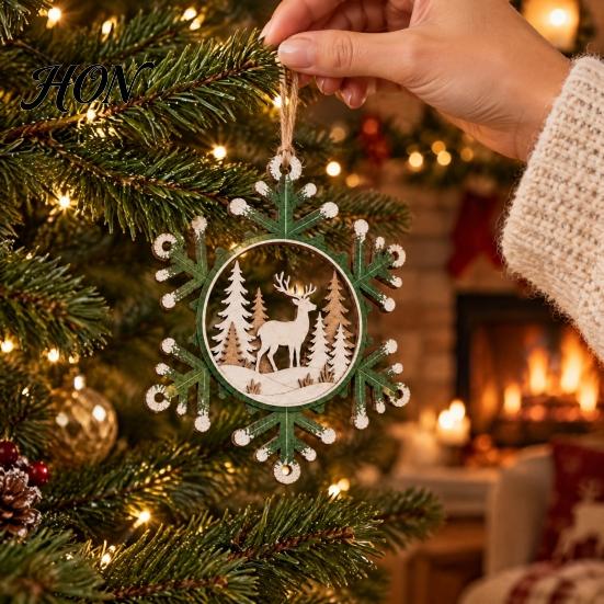 Lightweight Wooden Xmas Tree Hanging Set 4 Pcs Christmas Snowflake Ornaments, Rustic Decoration with Decorative Shapes for Gift Tags Elk Village House