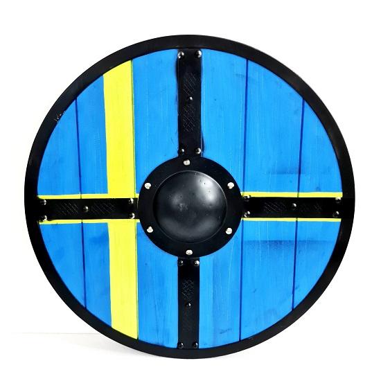 Medieval viking shield, wooden shield of ragnar viking, battles sweden flag for wall art,