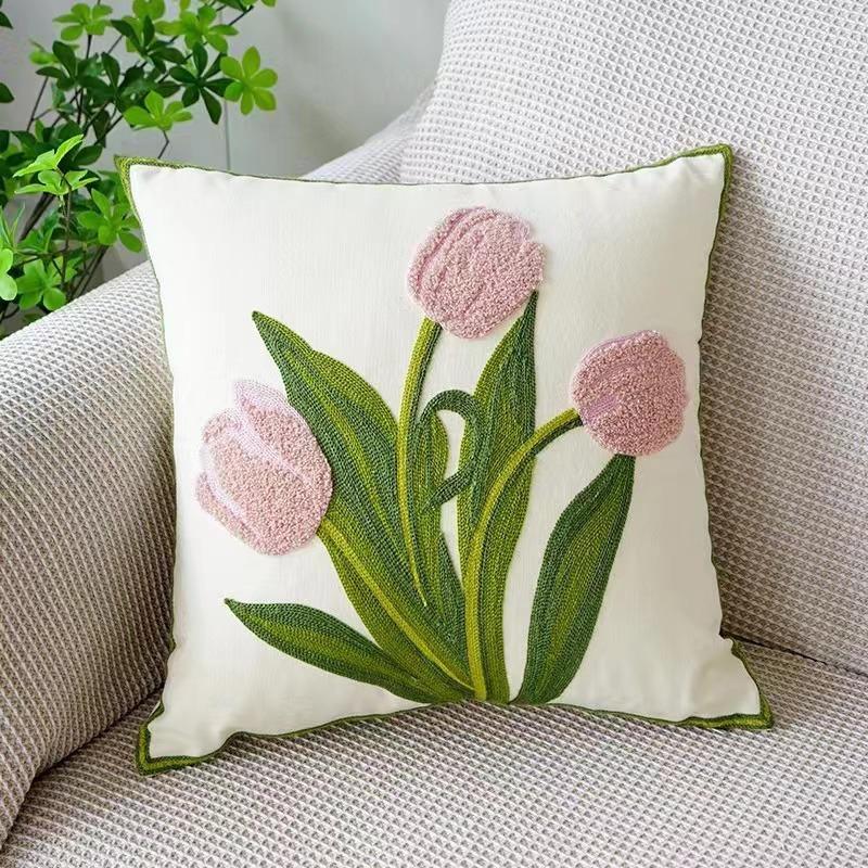 45x45cm Flower Embroidered Pillow Cover Rural Style Home Sofa Pillowslip Bedhead Cushion Office Chair Lumbar Mat Easy To Clean Pillowcase Without Core