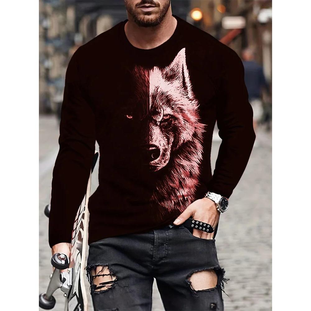 Camiseta Masculina de Outono de Manga Comprida com Gola Careca Estampa 3D de Lobo Camiseta de Manga Comprida Moda Masculina de Rua para Exterior