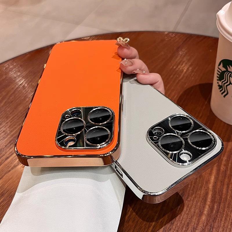 Electroplated plain leather is suitable for iPhone11 mobile phone case, Apple 11ProMax leather pattern metal lens all-inclusive protective case.