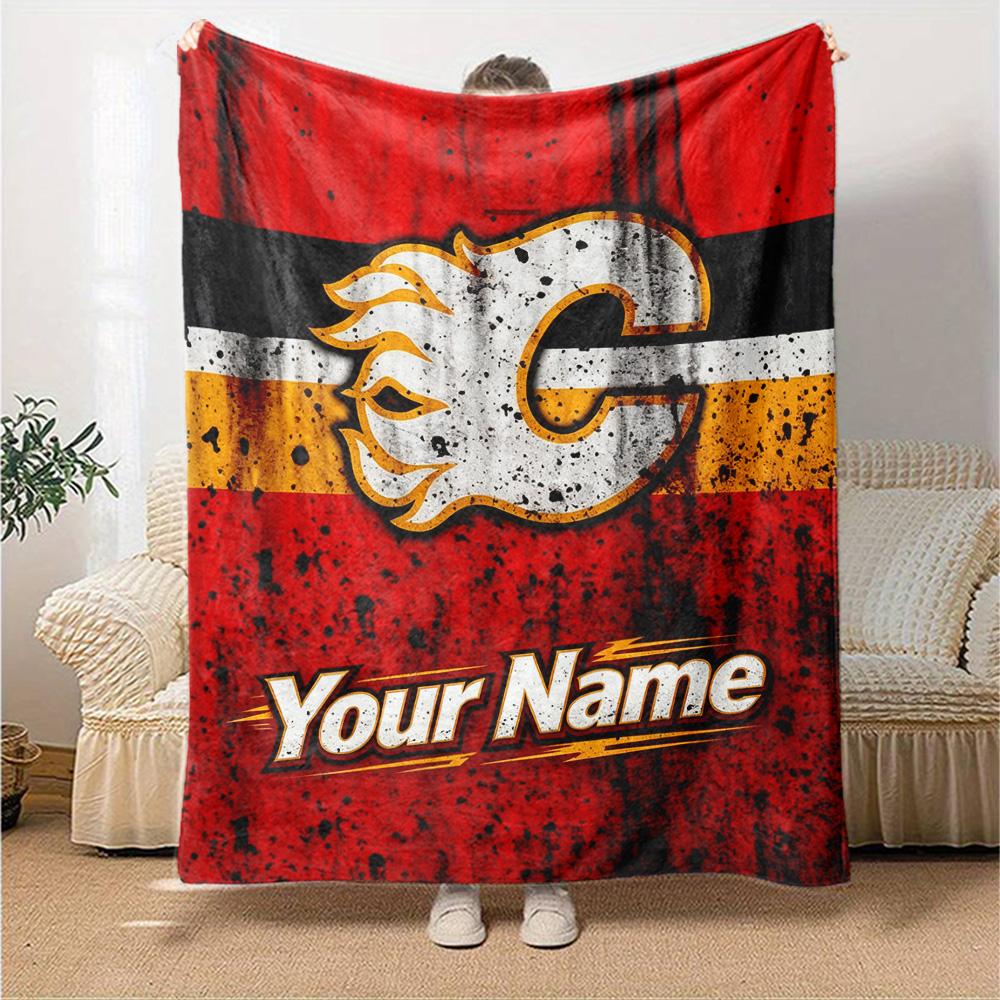 Name Custom Calgary Flames Logo Print Flannel Blanket High Quality Warm Comfortable Cover for All Seasons Perfect for Gifts Home Decor