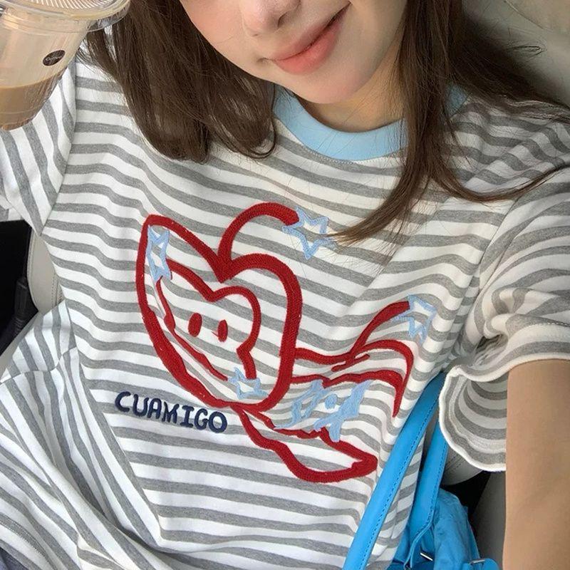 

Womens Summer Grey Stripe Cartoon Heart Print Short Sleeve T Shirt XL серый