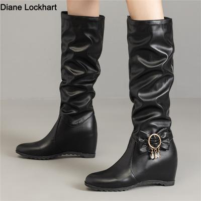 Herren Damen Freizeitstiefel SlipOn Mode Keil Plateau Hohe Knie Mädchen Slip Höhe Absatz Stiefel Schleife Schnalle Schuhe Frau
