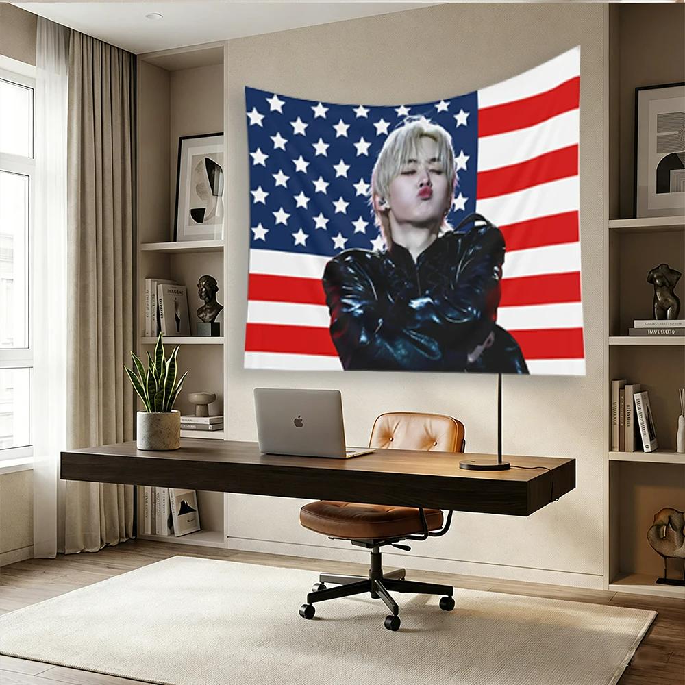 Lee Know Cute Toothed Mouth American Flag Skz Kpop Banner Dormitory Home Decoration Tapestry Fan Birthday Gift