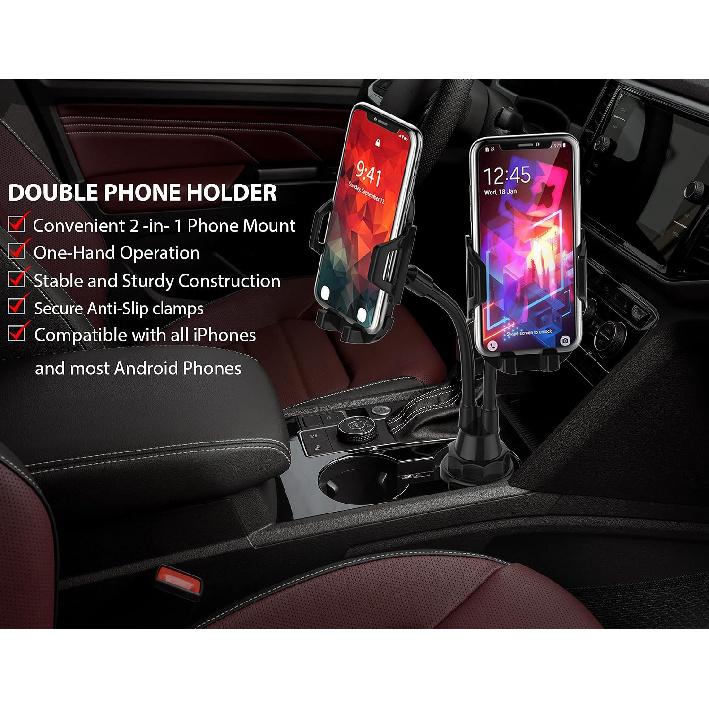 Dual Phone Holder for Car Cup Holder – Long Flexible Neck, 360° Rotatable Car Phone Mount - Adjustable Cell Cup Holder, Universal Size Fits 2