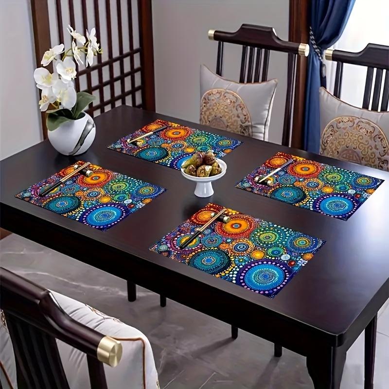 1PC Bohemian Vintage Style Linen Placemats, Abstract Art Print, Rectangular Table Mats for Dining, Kitchen