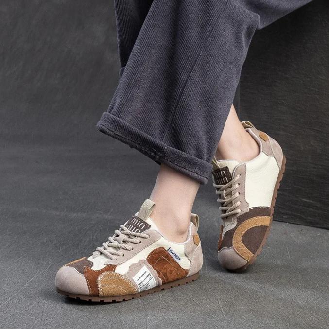 Johnature Color Contrasting Casual Flat Shoes Comfortable Lightweight Soft Soled Retro Women's Shoes