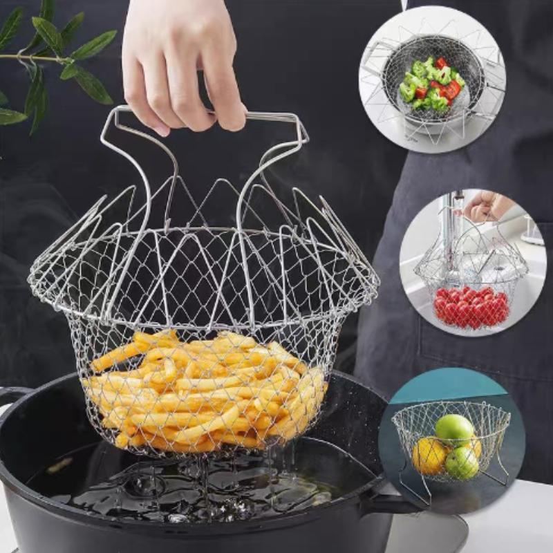 1PC Frying Basket Stainless Steel Foldable Multifunctional Drainer Basket Home Frying Strainer Kitchen tools