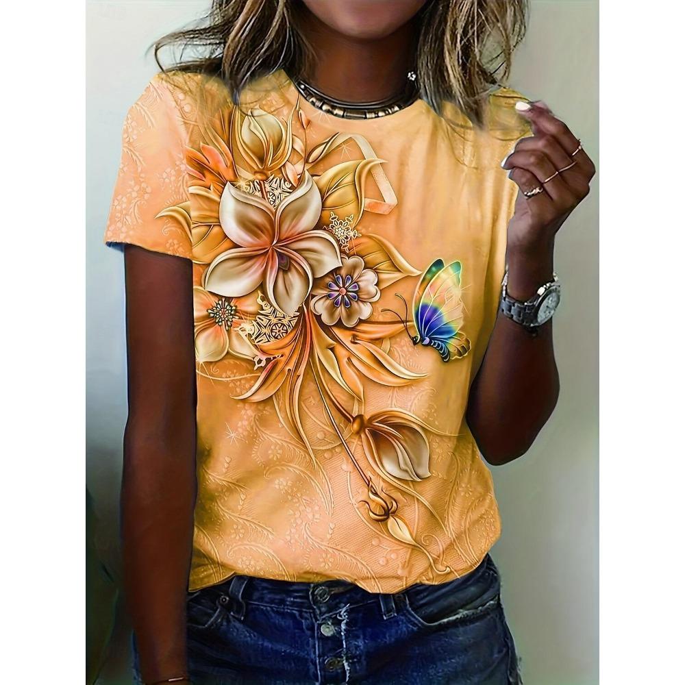 Women's T-shirt Floral Crew Neck Short Sleeve 3D Butterfly Print Elegant Casual Wear Spring Summer