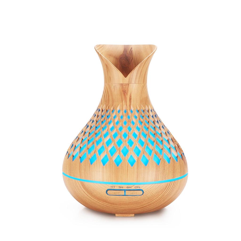 Difusor de Óleo Essencial 500ml com Grão de Madeira e Design Vazado - Umidificador de Pétala de Grande Capacidade para Aromaterapia Doméstica.