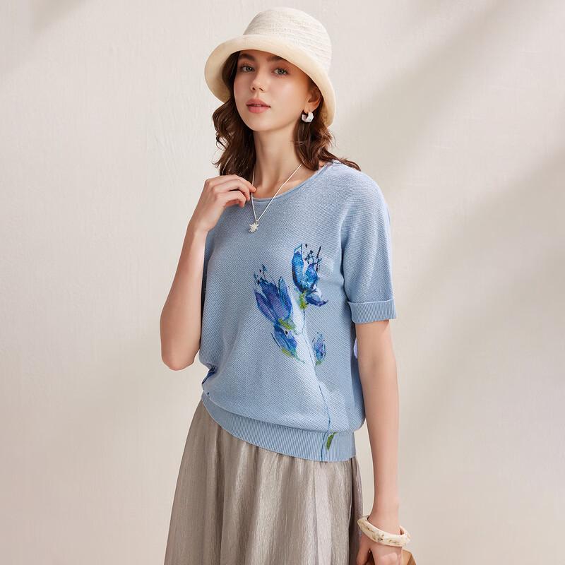 Zhaojun Damen Leinenmischung Bedrucktes Kurzarm-T-Shirt