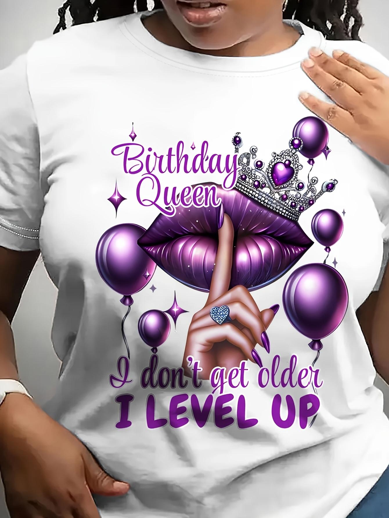 Birthday Queen Women s Tee, Purple Lips Crown Graphic White Top Graphic T Shirts Fashion Summer Streetwear Aesthetic Clothes Y2K S