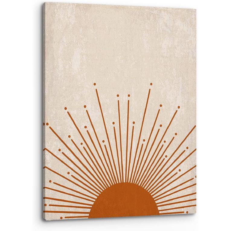 PHAMTE Abstract Boho Green Sun Wall Art, Rustic Boho Sunset Sunrise Sunshine Sun Rays Print Framed Canvas Painting Artwork for Home, Bathroom, Girls