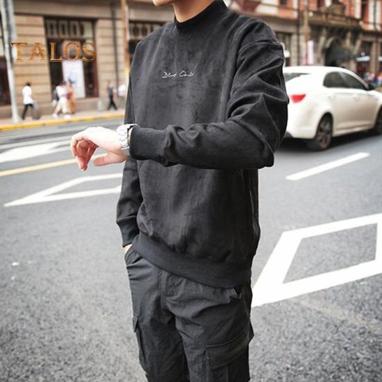 Men Spring Fall Top Double-sided Velvet Half-high Collar Loose Printing Elastic Cuffs Solid Color Loose Pullover Long Sleeves Sport School Daily