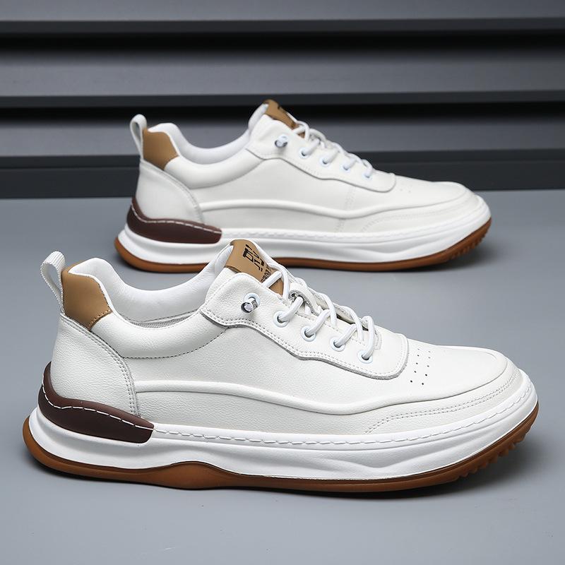 Men's Genuine Leather Crooked Head White Sneakers - Spring, Versatile, Thick Sole, Breathable, Hollow Casual Board Shoes