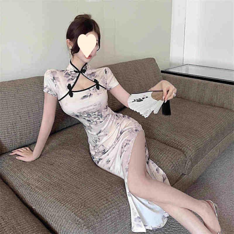 Summer new niche temperament retro printing improved split fork slim slim dress women