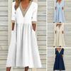Damen Midi Kleid Halbarme V-Ausschnitt Cutout Patchwork Plissee Alltagskleidung A-Linie Lockerer Saum Spitze Damen Sommerkleid Damenbekleidung