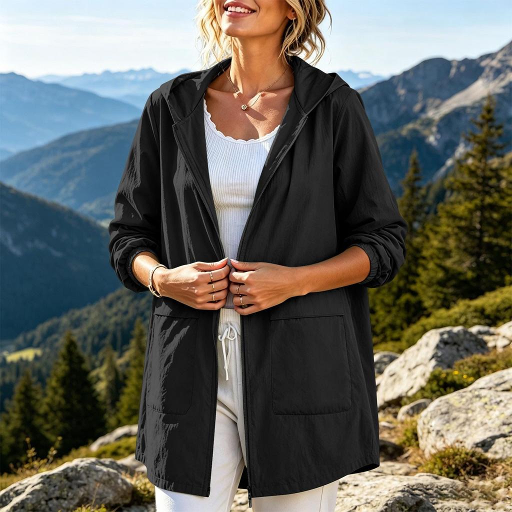 Women's Waterproof Windproof Hooded Jacket Lightweight Zip Front Outdoor Raincoat Casual Long Sleeve Windbreaker
