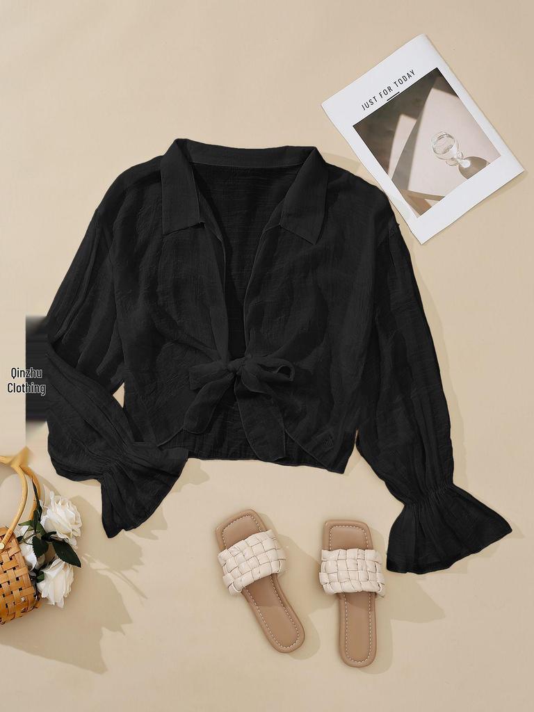 Long-Sleeve Bamboo Cotton Beach Cover-Up with Front Tie for Women