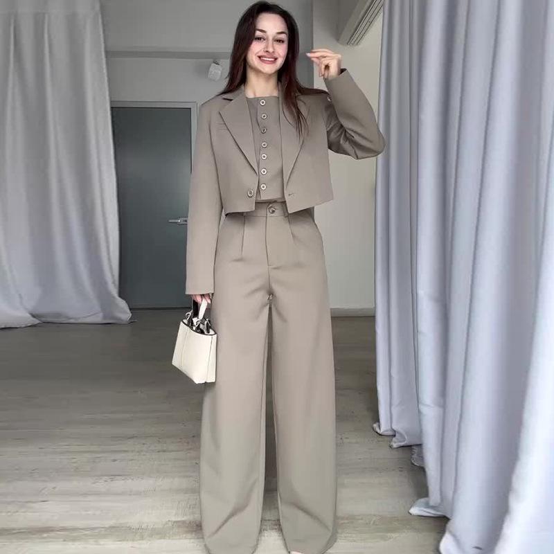 2024 Autumn Women's Solid Color Two-Piece Set: Turn-Down Collar Top & High-Waisted Long Pants