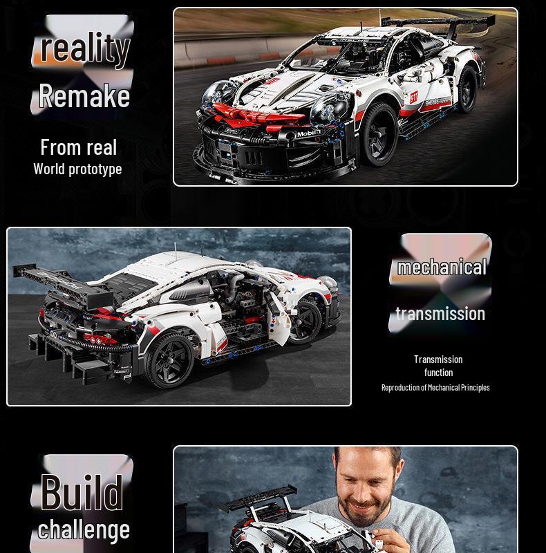 Model samochodu sportowego Porsche 911RSR: Zdalne sterowanie i montaż DIY kompatybilny z Lego