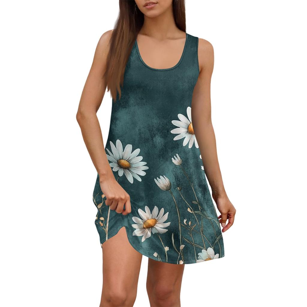 Damen Sommerkleid, lässig, quadratischer Ausschnitt, Blumendruck, ärmellos, mit Taschen