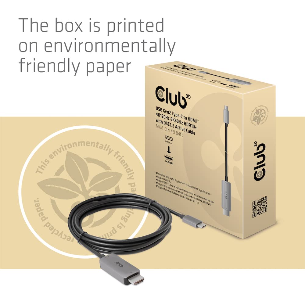 Club 3D USB Gen2 Type C to HDMI 2.1 Active Cable, Male/Male, 3m, 4K120Hz, 8K60Hz, HDR10+, DSC 1.2 Support (CAC-1587)