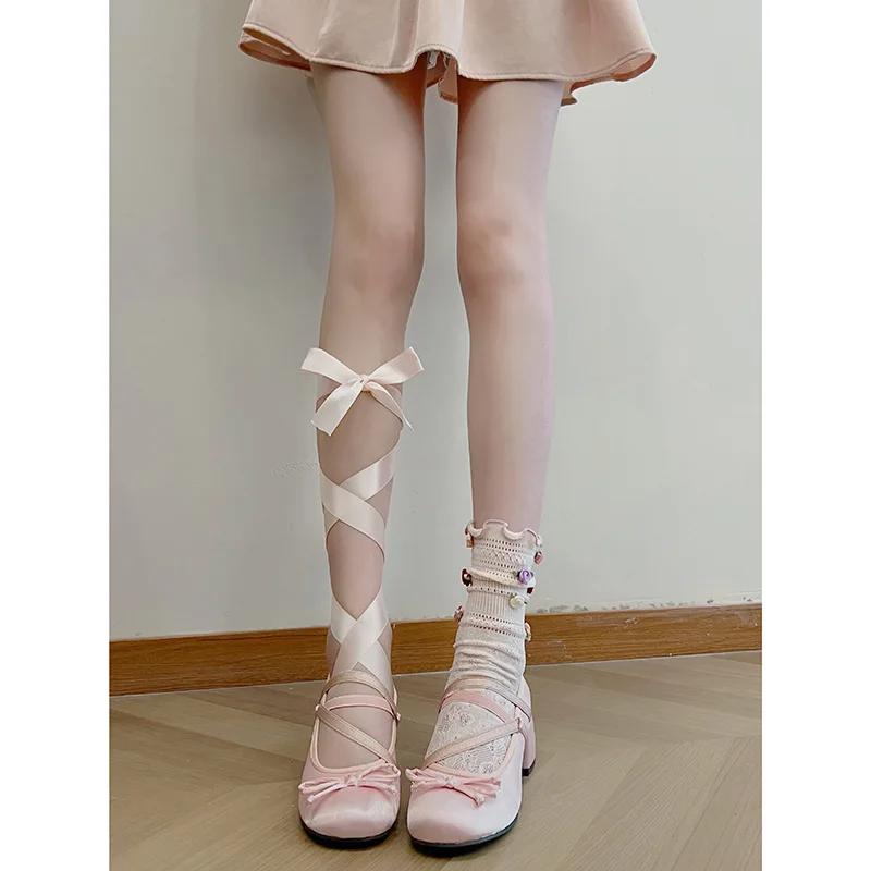Fashion Women Square Toe Bow Ballet Dance Mary Jane Shoes Sandals Fashion Ankle Lace Up Dress Designer Casual Footwear Zapatos Mujer