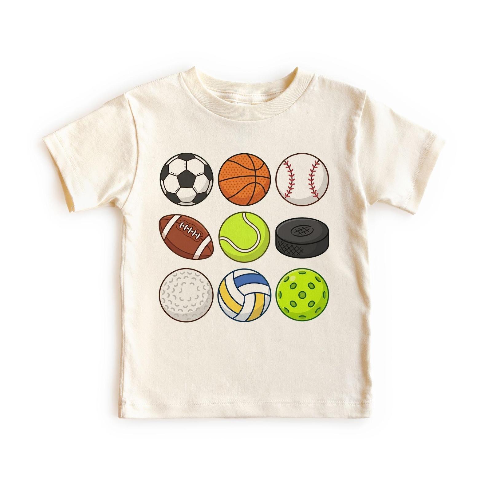 Sports Balls In A Row: Soccer, Basketball, Baseball, Golf, Hockey Unisex, Adult, Youth T-Shirt 100