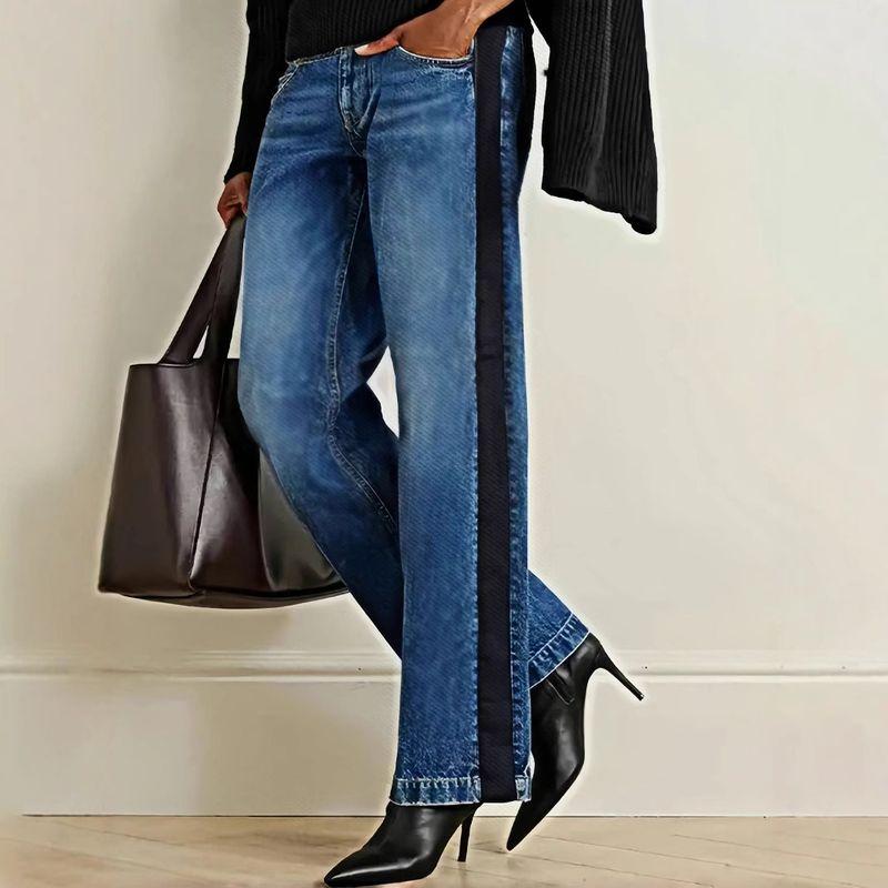 

Straight-Leg Jeans European and American Autumn Women Plus size Elastic Mid Waist Straight Patchwork Contrast Color Denim Trousers Navy blue 4XL