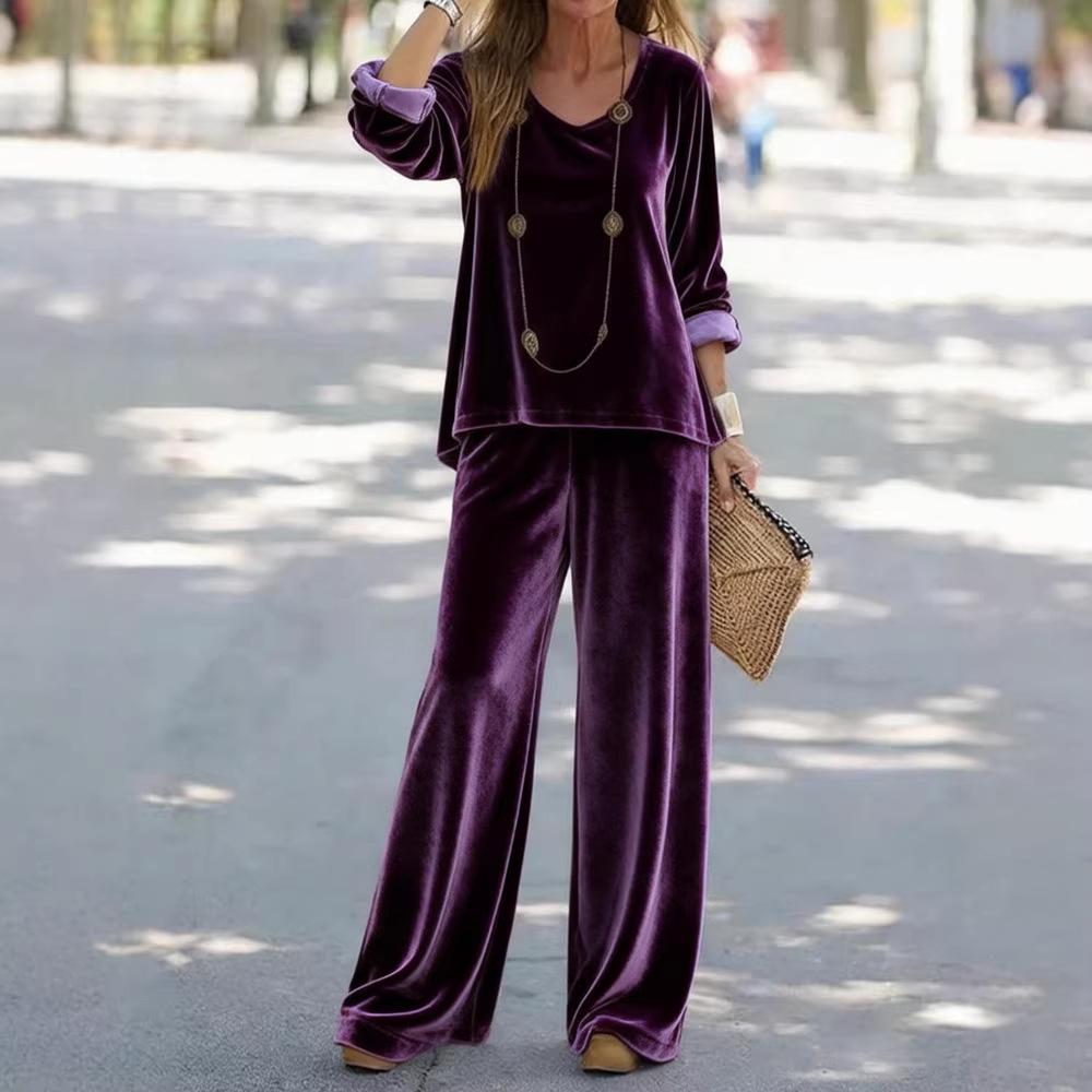 2025 foreign trade cross-border new women's clothing, casual V-neck pullover, long sleeves and trousers, velvet multi-color women's suit