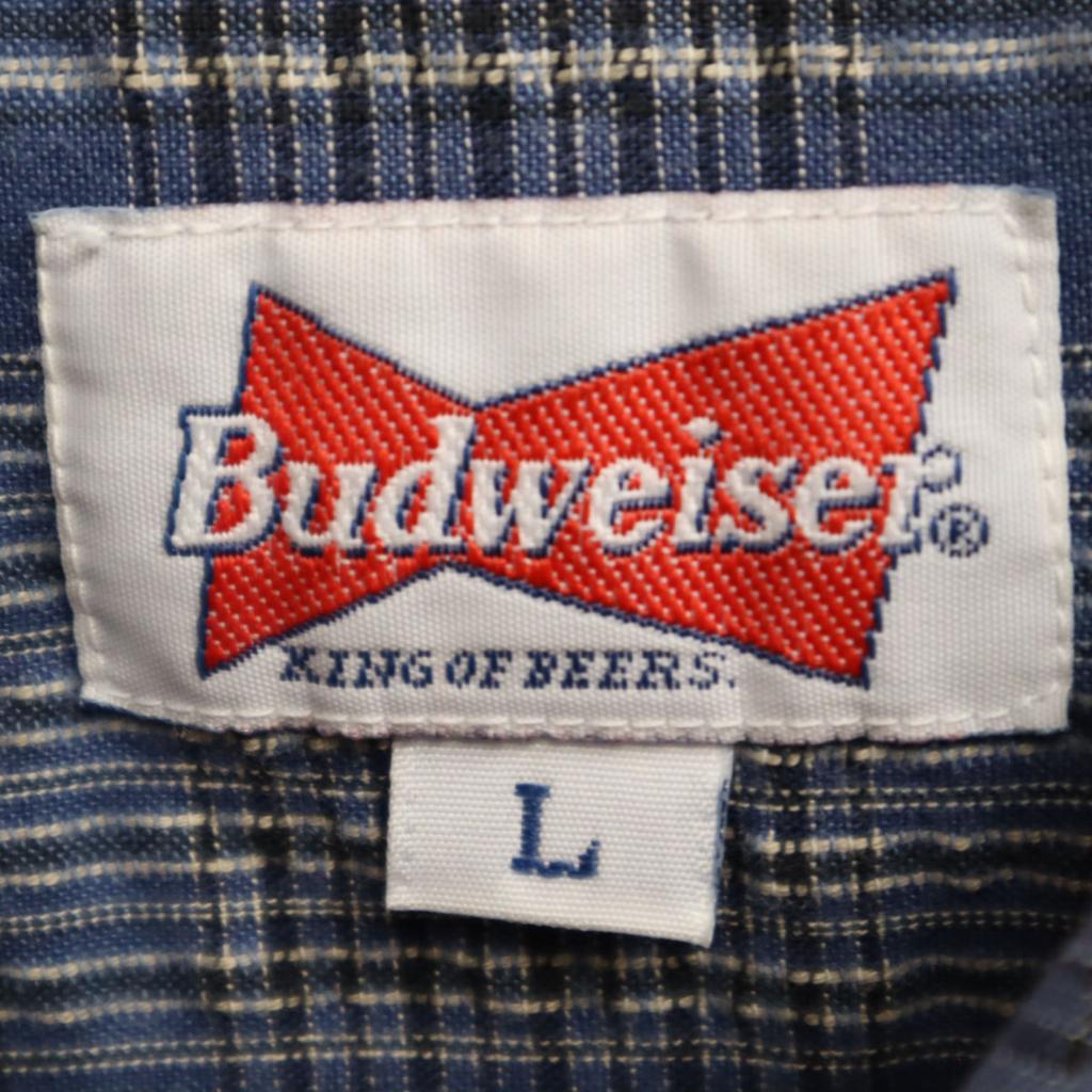 Budweiser Check Pattern Short Sleeve Shirt L Navy Seersucker Men's Used