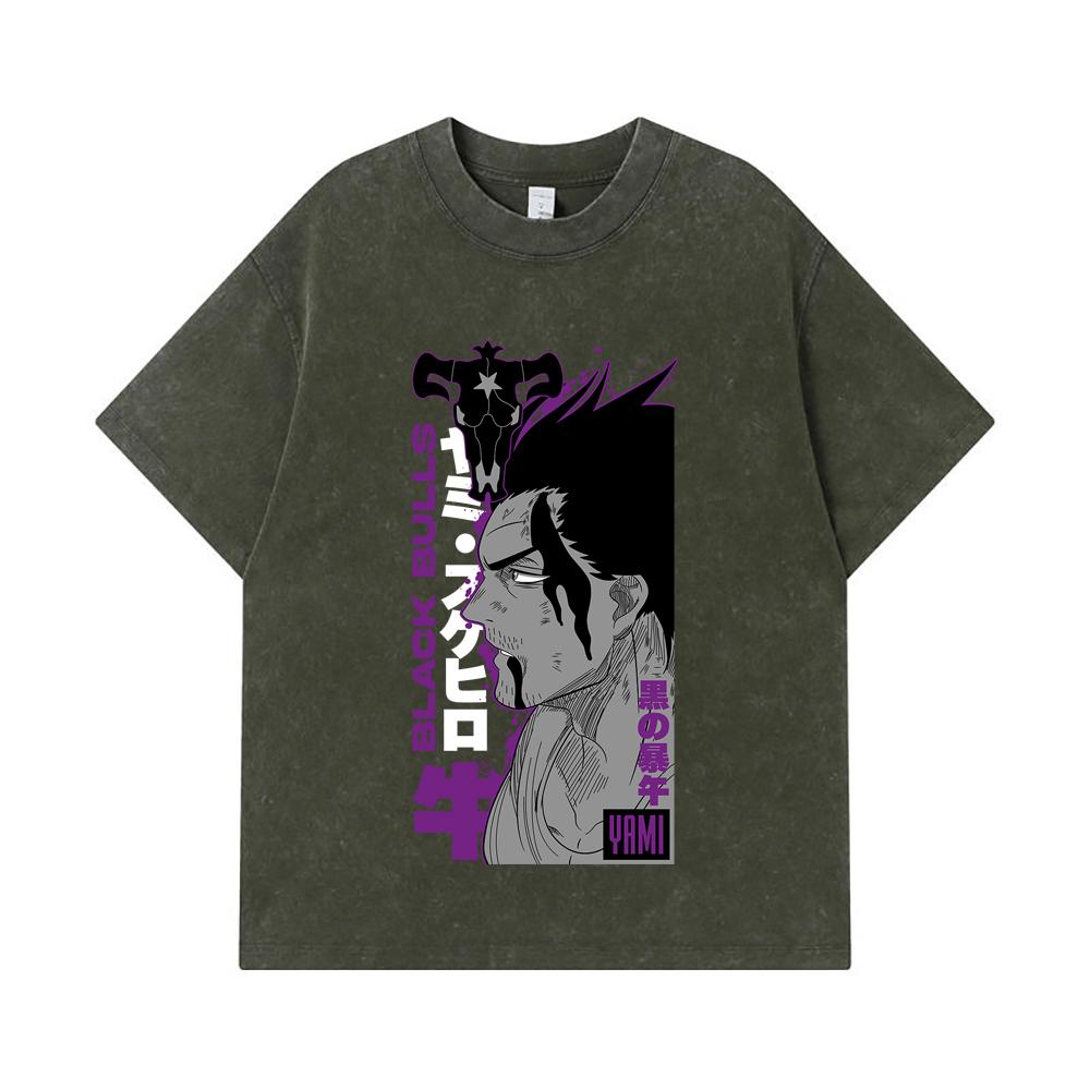 

275 GSM Washed T-shirts 100% Cotton Black Clover V8 Yami Print Unisex Heavy Cotton T Shirt S армия зеленый
