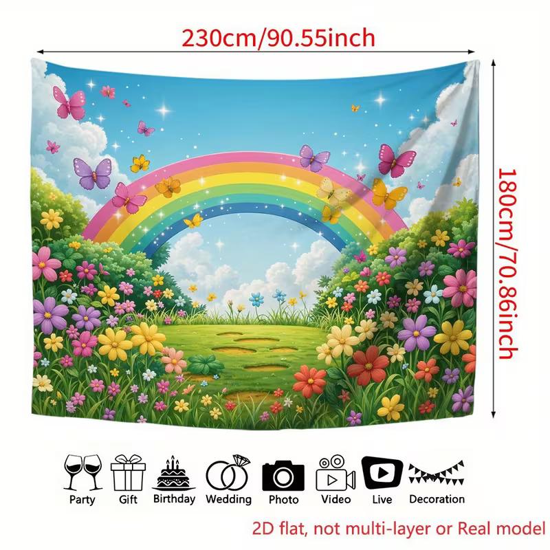 2D Fairy Tale Garden Backdrop, Sparkling Rainbow with Flowers and Butterflies Background for Nursery & Kids Photos