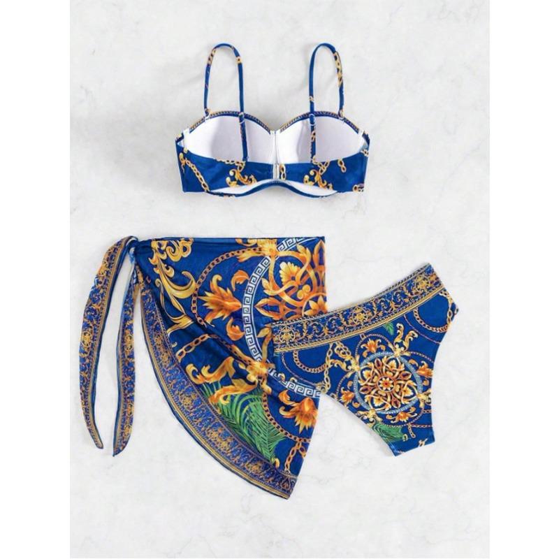 Women's Luxury Baroque Chain Print Bikini Set with Cover Up 3 Piece Swimwear